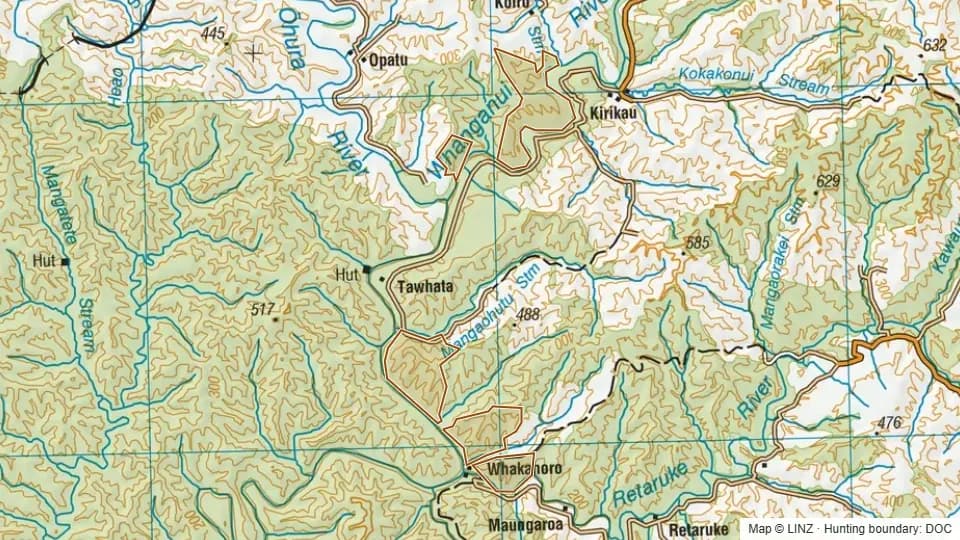 Topographic map of Whanganui National Park in Manawatu-Wanganui, New Zealand, with the DOC hunting boundary outlined.