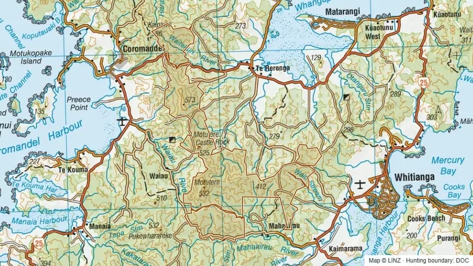 Topographic map of Whangapoua Forest Conservation Area in Waikato, New Zealand, with the DOC hunting boundary outlined.