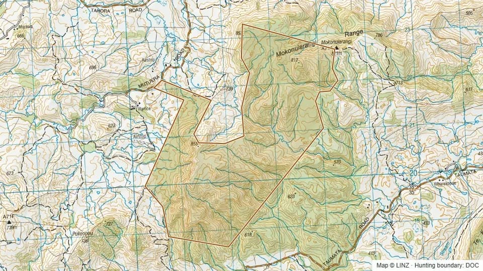 Topographic map of Wharekopae Conservation Area in Gisborne, New Zealand, with the DOC hunting boundary outlined.