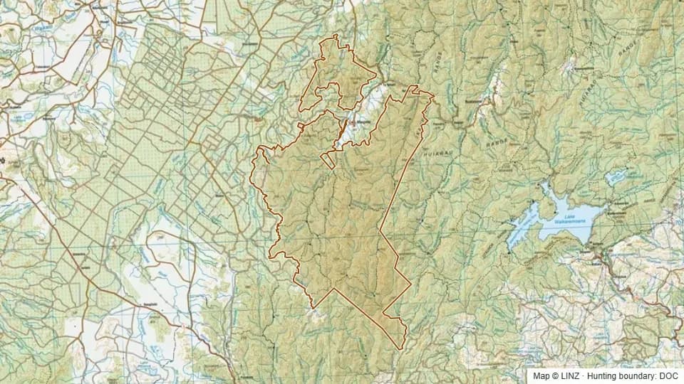 Topographic map of Whirinaki Conservation Park in Bay of Plenty, New Zealand, with the DOC hunting boundary outlined.