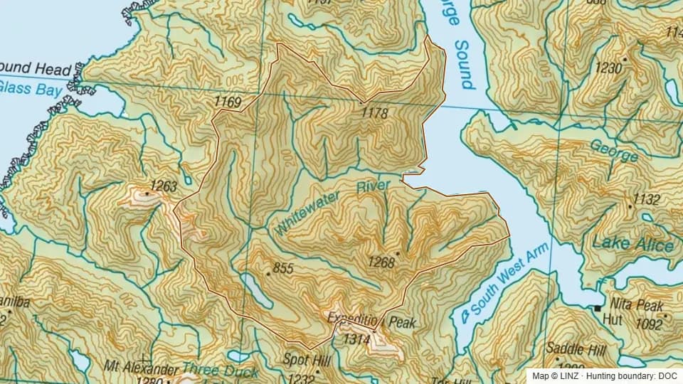 Topographic map of Whitewater in Southland, New Zealand, with the DOC hunting boundary outlined.