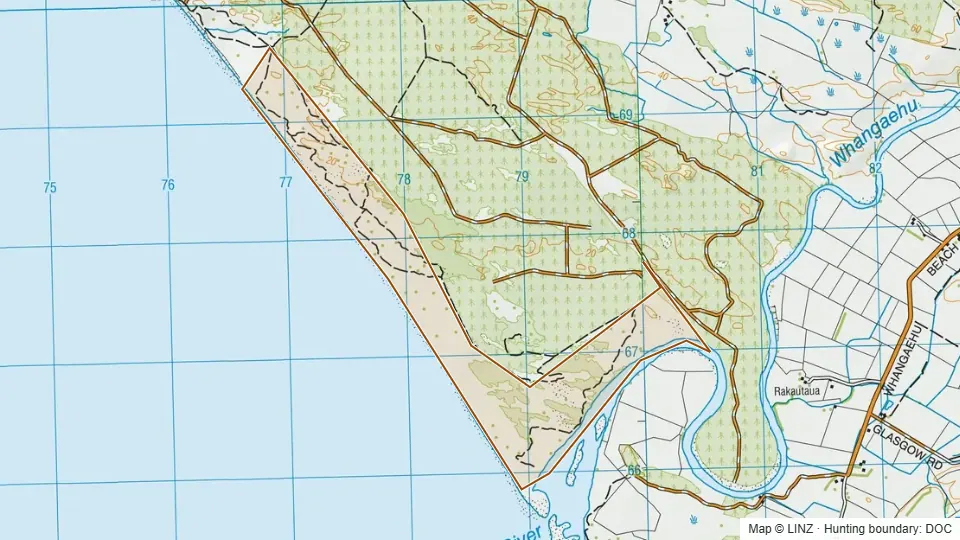 Topographic map of Whitiau Scientific Reserve in Manawatu-Wanganui, New Zealand, with the DOC hunting boundary outlined.