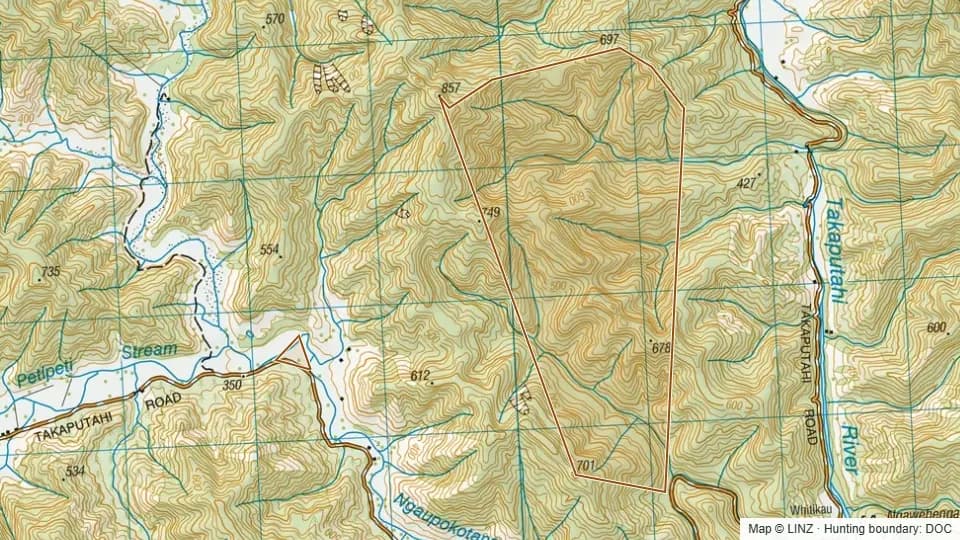 Topographic map of Whitikau Conservation Area in Bay of Plenty, New Zealand, with the DOC hunting boundary outlined.