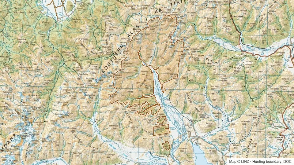 Topographic map of Wilberforce in Canterbury, New Zealand, with the DOC hunting boundary outlined.