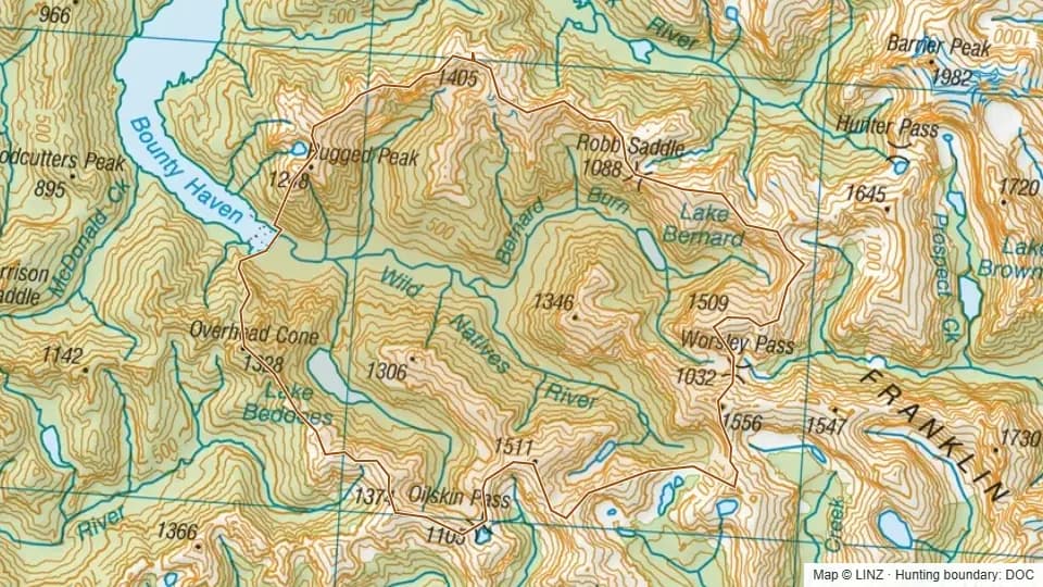 Topographic map of Wild Natives in Southland, New Zealand, with the DOC hunting boundary outlined.