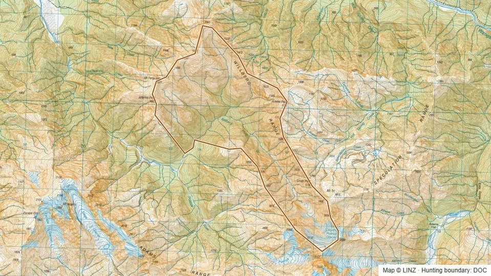 Topographic map of Willberg in West Coast, New Zealand, with the DOC hunting boundary outlined.