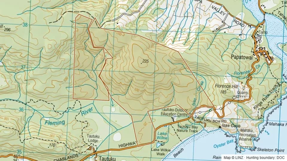 Topographic map of William King Scenic Reserve in Otago, New Zealand, with the DOC hunting boundary outlined.
