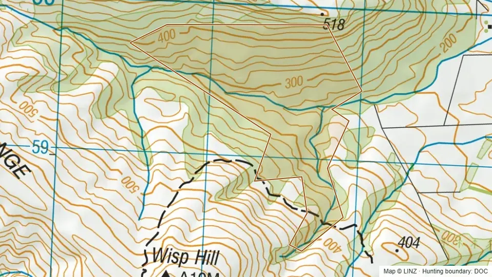 Topographic map of Wisp Range in Otago, New Zealand, with the DOC hunting boundary outlined.