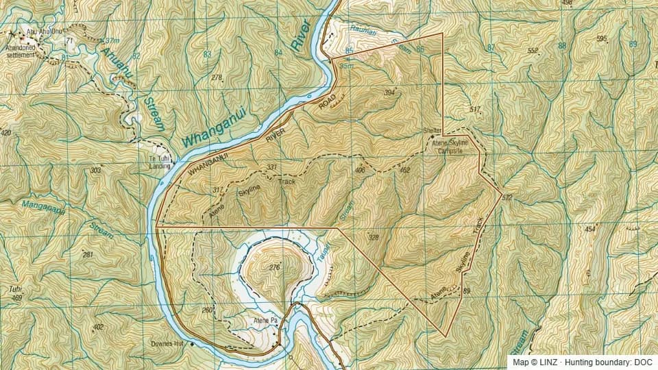 Topographic map of WNP (Pt) - Atene in Manawatu-Wanganui, New Zealand, with the DOC hunting boundary outlined.