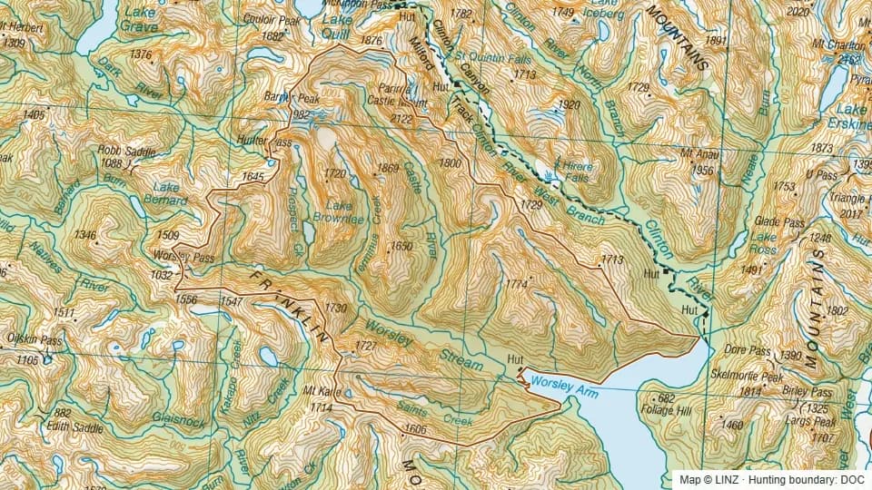 Topographic map of Worsely in Southland, New Zealand, with the DOC hunting boundary outlined.