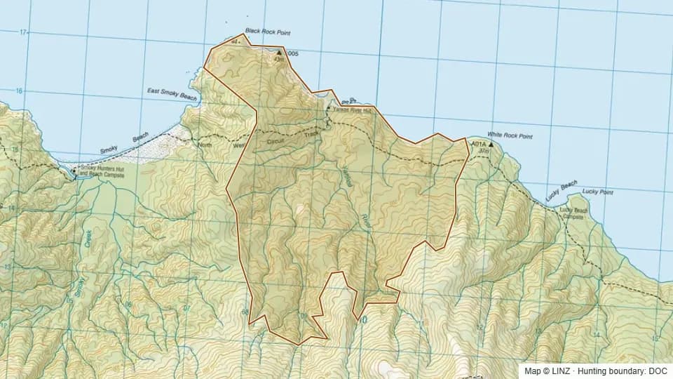 Topographic map of Yankee in Southland, New Zealand, with the DOC hunting boundary outlined.