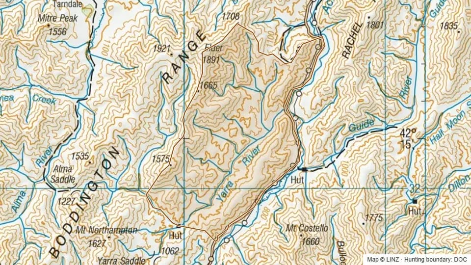 Topographic map of Yarra in Marlborough, New Zealand, with the DOC hunting boundary outlined.