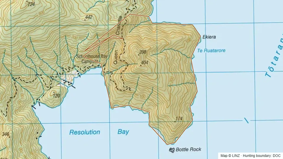 Topographic map of Zero Invasive Predators (ZIP) in Marlborough, New Zealand, with the DOC hunting boundary outlined.