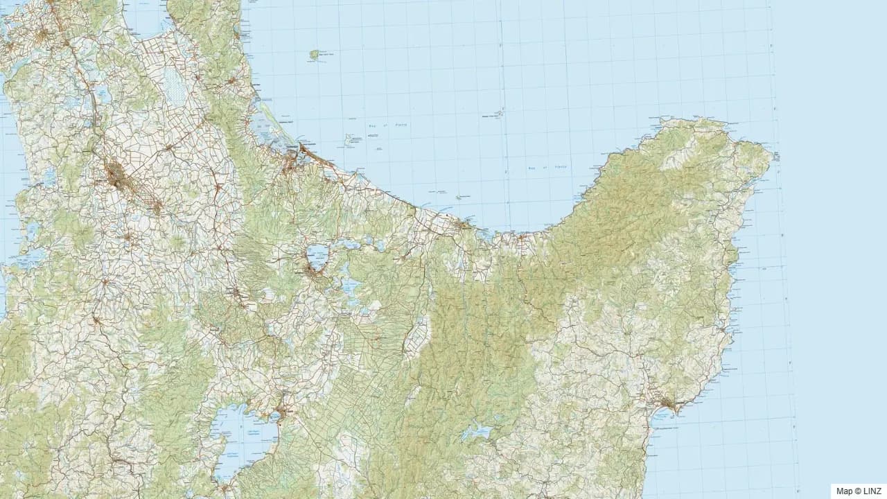 Topographic map of the Bay of Plenty hunting region in New Zealand, showing the surrounding terrain and coastline where visible.