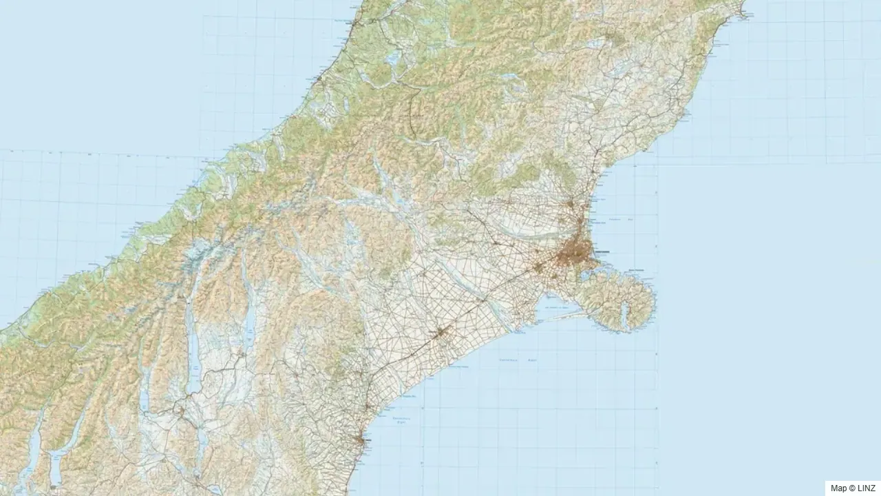 Topographic map of the Canterbury hunting region in New Zealand, showing the surrounding terrain and coastline where visible.