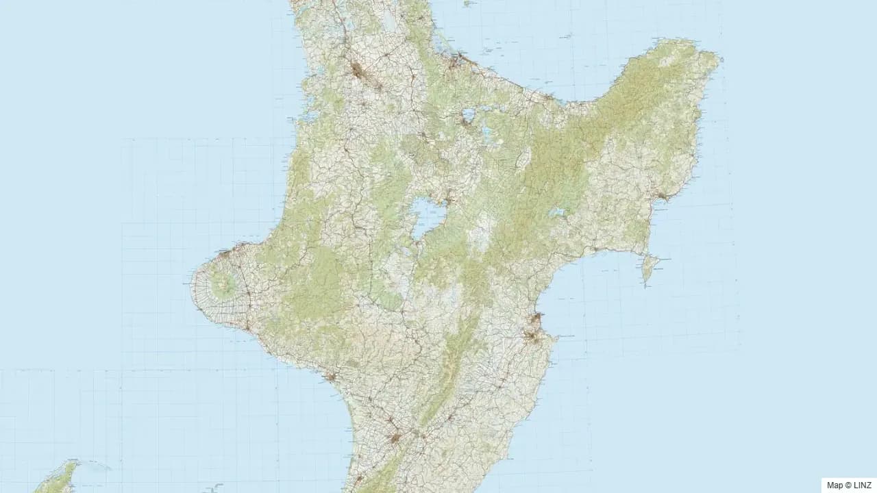 Topographic map of the Central North Island hunting region in New Zealand, showing the surrounding terrain and coastline where visible.