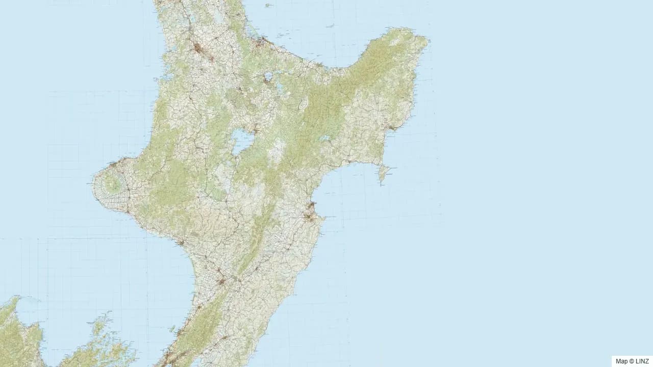Topographic map of the East Coast & Hawke's Bay hunting region in New Zealand, showing the surrounding terrain and coastline where visible.
