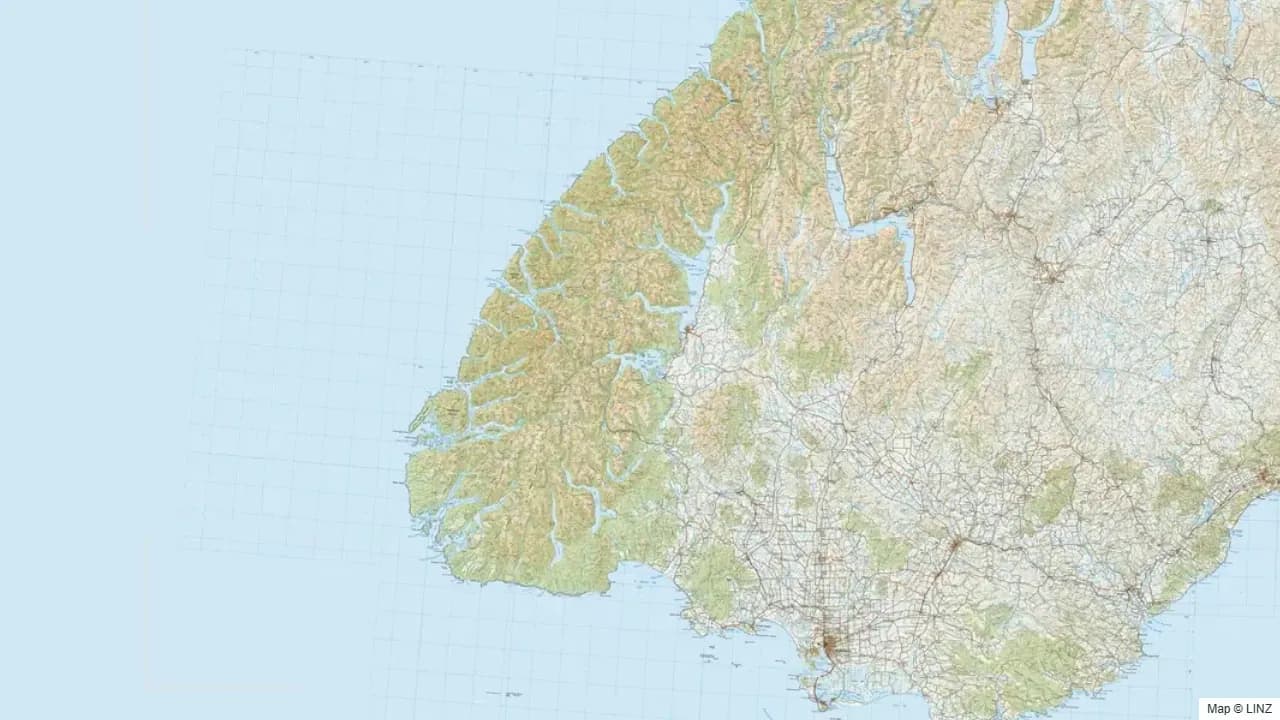 Topographic map of the Fiordland hunting region in New Zealand, showing the surrounding terrain and coastline where visible.