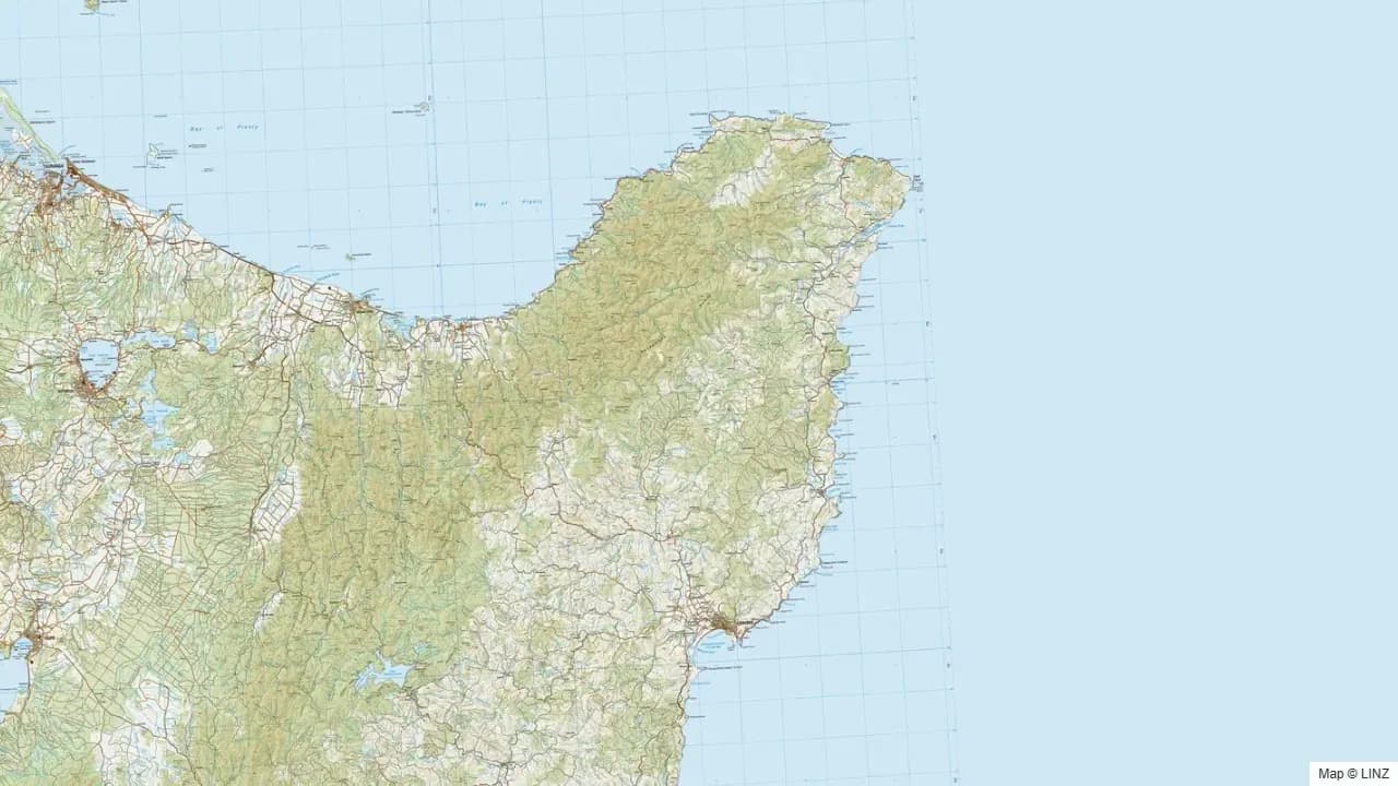 Topographic map of the Gisborne hunting region in New Zealand, showing the surrounding terrain and coastline where visible.