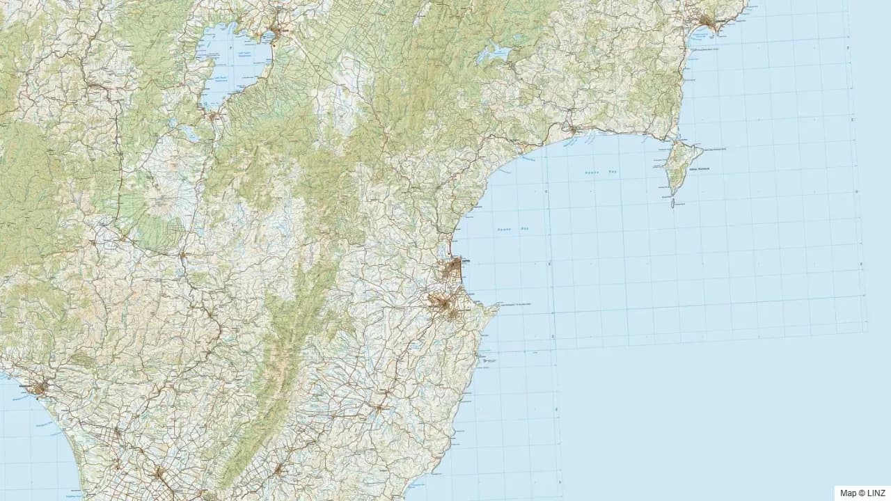 Topographic map of the Hawke's Bay hunting region in New Zealand, showing the surrounding terrain and coastline where visible.