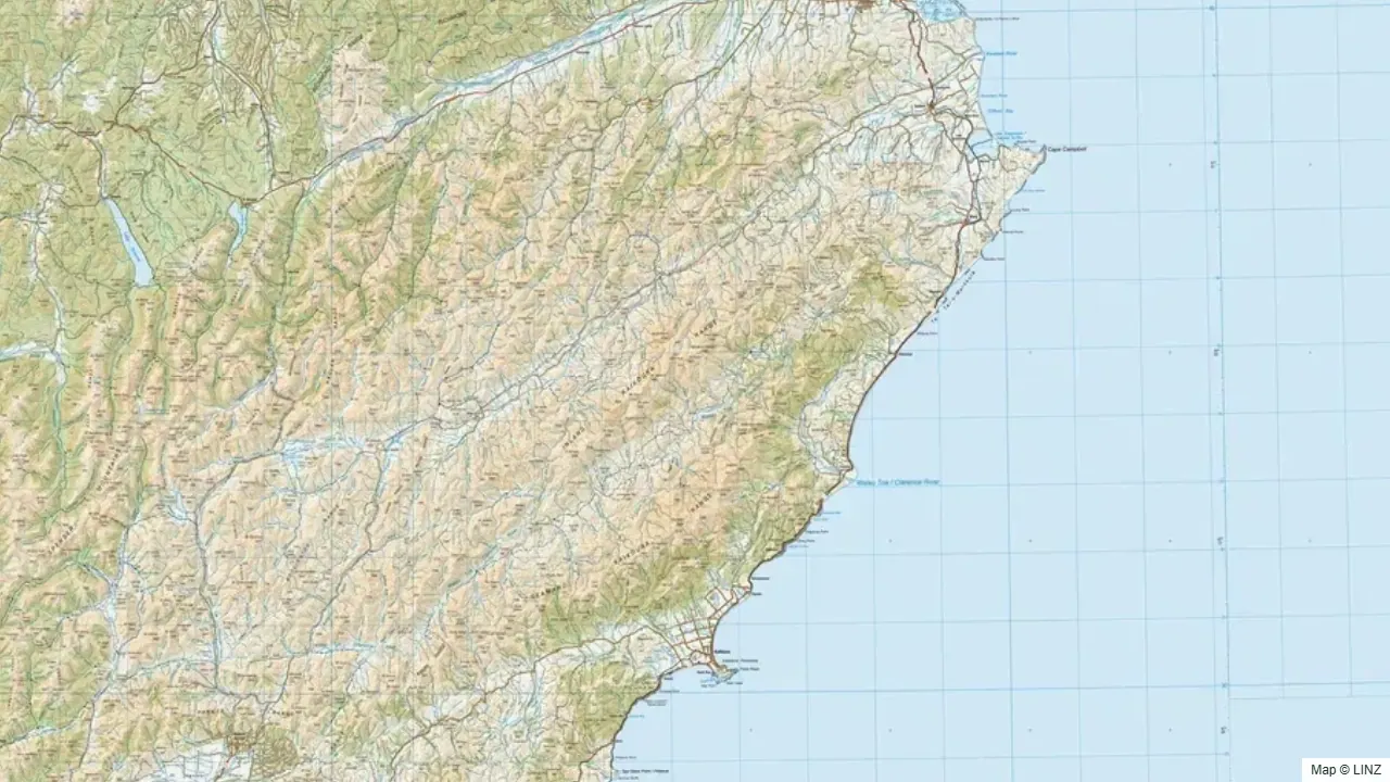 Topographic map of the Inland Kaikōura hunting region in New Zealand, showing the surrounding terrain and coastline where visible.