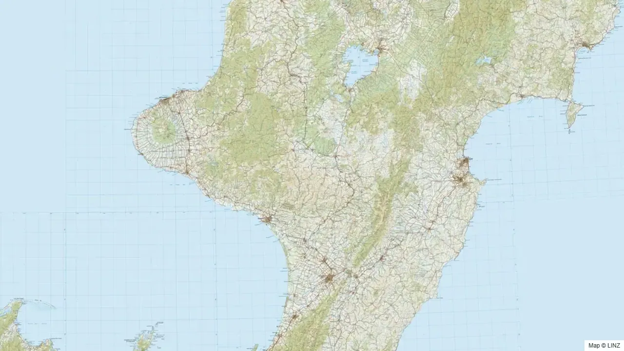 Topographic map of the Manawatu-Wanganui hunting region in New Zealand, showing the surrounding terrain and coastline where visible.