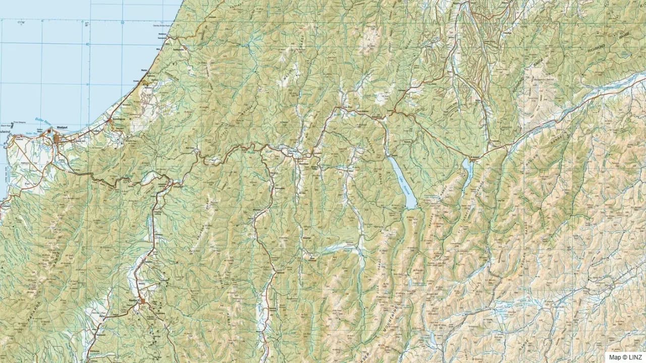 Topographic map of the Murchison & St Arnaud hunting region in New Zealand, showing the surrounding terrain and coastline where visible.