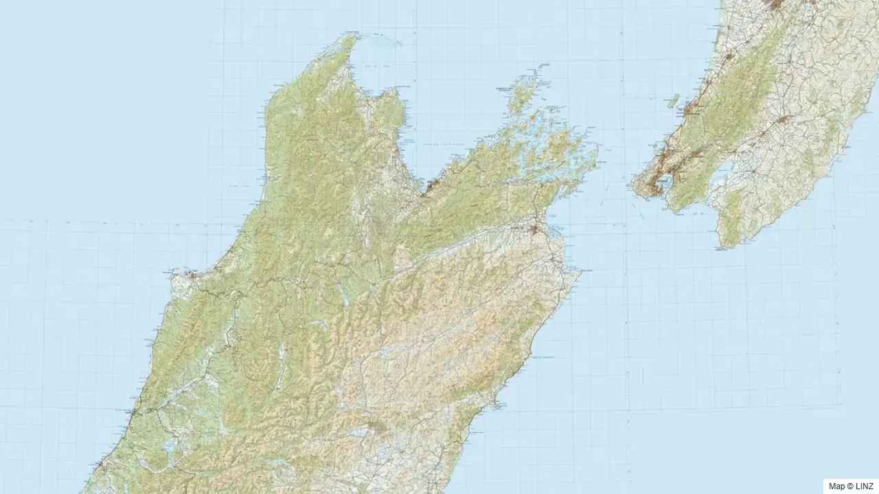 Topographic map of the Nelson & Marlborough hunting region in New Zealand, showing the surrounding terrain and coastline where visible.
