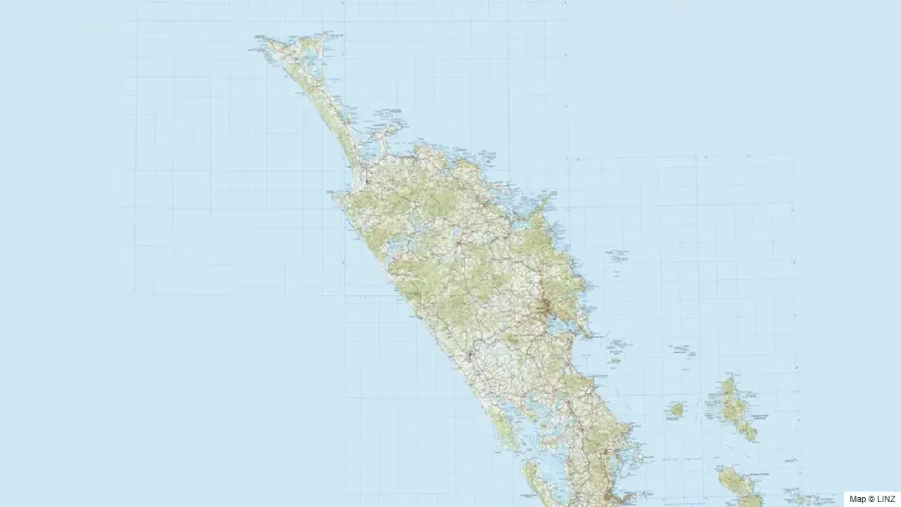 Topographic map of the Northland hunting region in New Zealand, showing the surrounding terrain and coastline where visible.