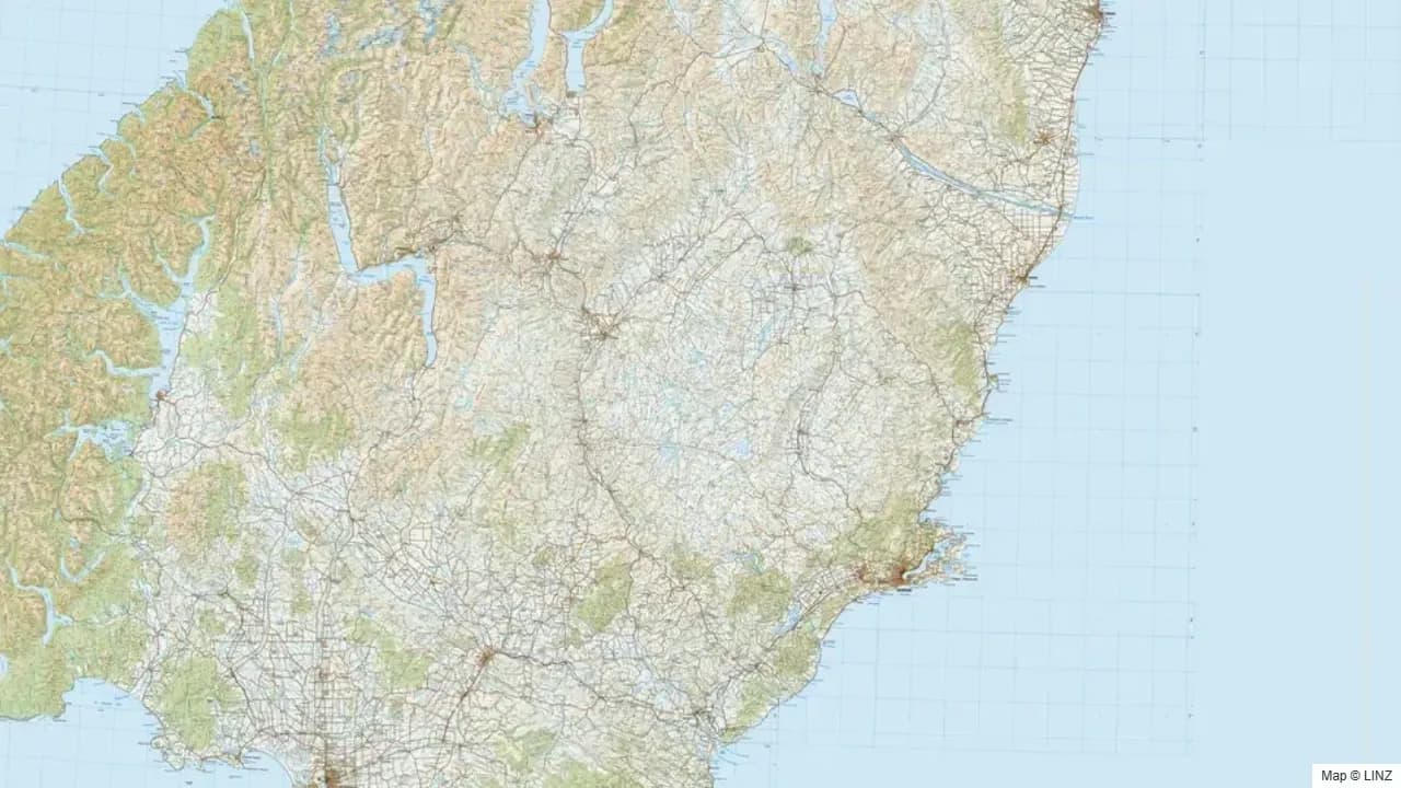 Topographic map of the Otago hunting region in New Zealand, showing the surrounding terrain and coastline where visible.