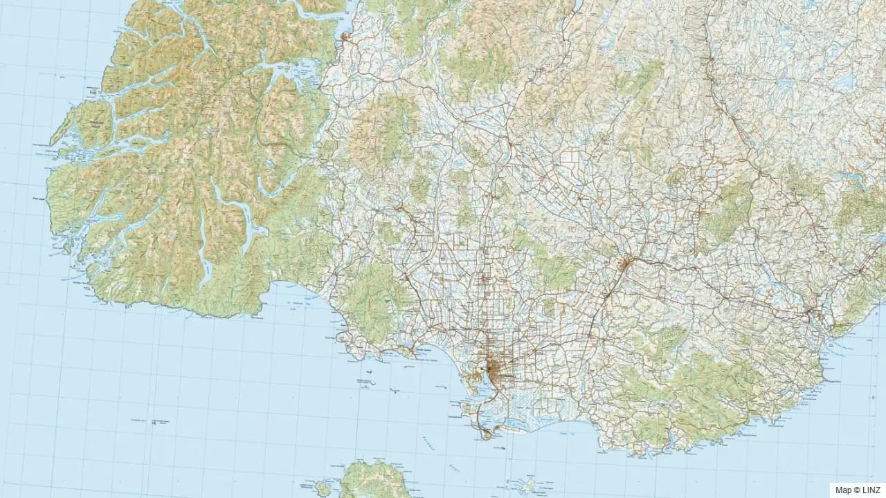Topographic map of the Southland hunting region in New Zealand, showing the surrounding terrain and coastline where visible.
