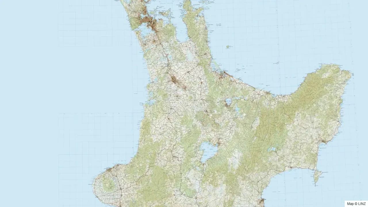 Topographic map of the Waikato hunting region in New Zealand, showing the surrounding terrain and coastline where visible.