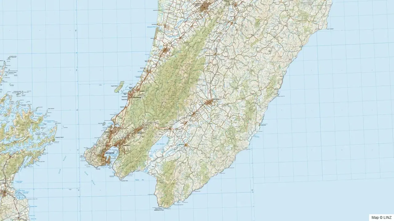 Topographic map of the Wellington hunting region in New Zealand, showing the surrounding terrain and coastline where visible.