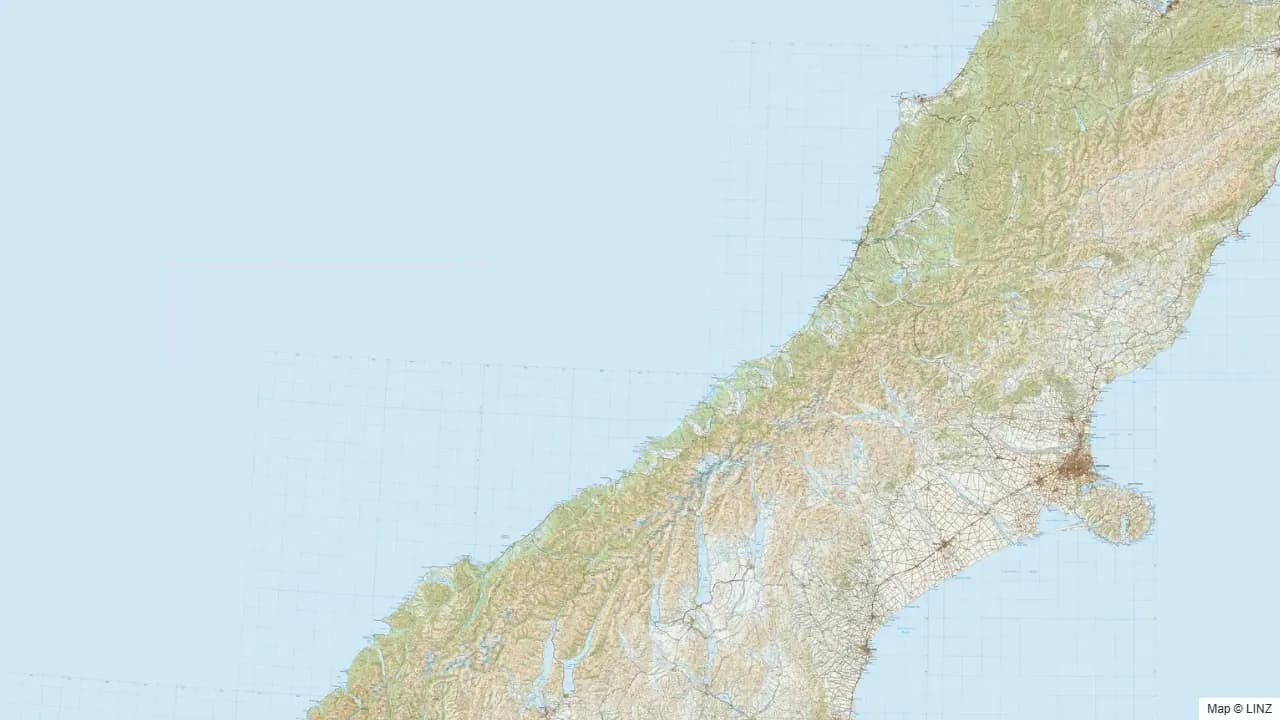 Topographic map of the West Coast hunting region in New Zealand, showing the surrounding terrain and coastline where visible.